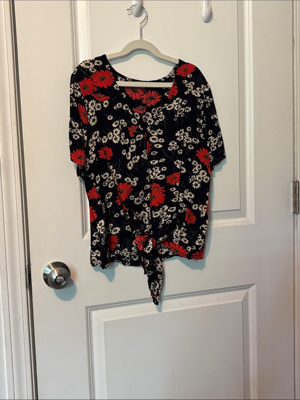 Madewell Black Floral Tie-Front Blouse with Red & White Blossoms
